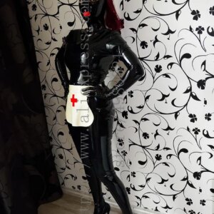 Women’s cosplay doctor full body nurse black uniform latex catsuit including white kerchief and apron