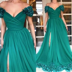 Prom Dresses 2025 Hunter Green Tulle A Line Off Shoulder 3D Flowers African Evening Gowns High Split Long Robe De Soriee