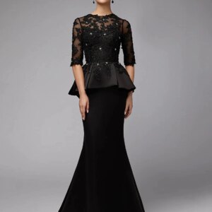 2025 Vintage Black Mermaid Evening Party Dresses Elegant Illusion Half Sleeve Beads Lace Satin Vestidos Longo Robe De Soiree