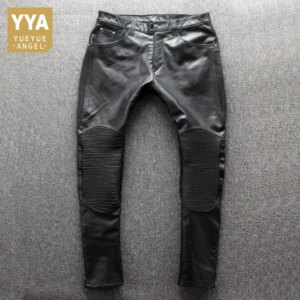 Men Slim Motorcycle Cowhide Trousers Windproof 100% Real Leather Skinny Pants Street Punk Black Zipper Pants Plus Size 4XL