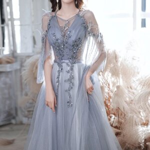 2024 Elegant Lake Blue Prom Dresses Scoop A-Line Tulle Sequined Perspective Tassel Sleeves Formal Banquet Party Evening Gowns