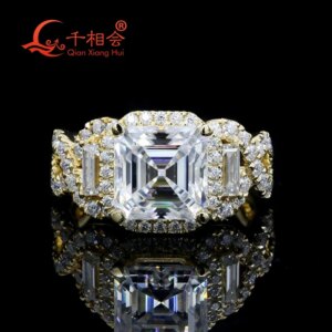 2CT Asscher Cut Moissanite 925 Sterling Silver Gorgeous Ring Yellow Gold Plated Luxury Engagement Wedding Ring for Women Girls