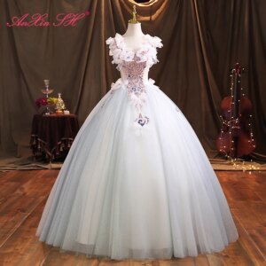 AnXin SH vintage baby blue lace flower v neck sparkly beading crystal bow ball gown princess lace up customized evening dress