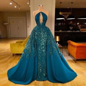 Dark Green Mermaid Evening Dresses With Detachable Train Real Image Shiny Sequin Women Long Prom Dresses Party Gown