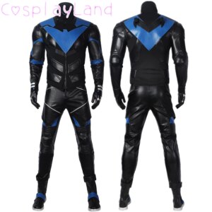 Halloween Cosplay Gotham Knights Nightwing Costume Superhero Dick Grayson Jumpsuit Faux Leather Black Armour Men Outfit
