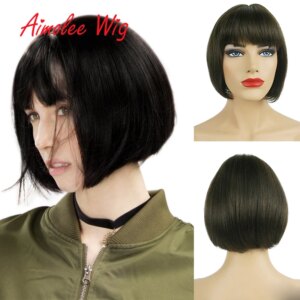 5″x4″ Mono Short Straight Bob Wig Human Hair Blend Synthetic Wigs For Women Natural Color Wigs Dark Brown Hair Wig With Bangs
