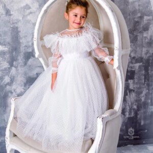 White Polka-dot Tulle Flower Girl Dresses Long Sleeves Girl Wedding Party Dress Feather Communion Dress Birthday