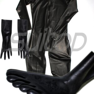 custom sized black 0,4mm Male ‘s latex catsuit with separate toe socks (with fingers) and gloves Front zipper to buttocks