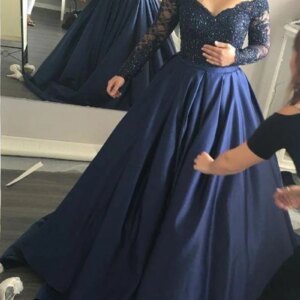 Plus Size Mother of the Bride Dress Full Sleeve Navy Blue A Line V Neck Crystal Beaded Stunning Gorgeous Draped Lace Prom Gowns