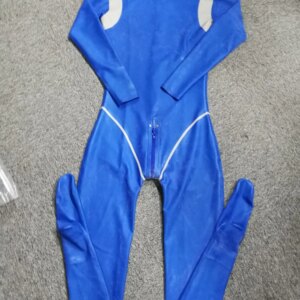 Handmade Sexy Pearl Blue And Silver Latex Catsuit Rubber Bodysuit Zentai Bodysuits