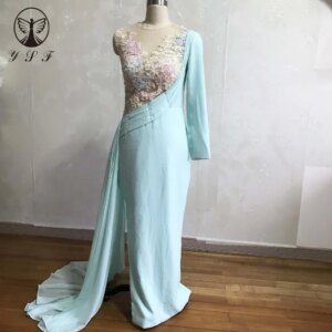 YSF Customized Prom Dress O Neck Appliqued Beaded Long Sleeve Illussion Pleated Chiffon Vestidos De Formature