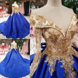 Princess Long Sleeve Appliques Lace Beaded Luxury Royal Blue Evening Dresses 100% Real Evening Gown 2021 Vestido De Festa KC38