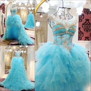 Ball Gown Ruffle Tulle Crystal Beaded Diamond Luxury Blue Evening Dresses 2021 New Fashion Party Gowns Dress Evening Gown CH41M