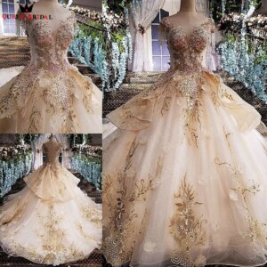Fluffy Ball Gown Lace Beaded Flowers Luxury Evening Dresses Prom Dress Gown 2021 New Fashion Vestido De Festa QUEEN BRIDAL KC18M