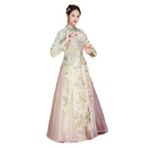 Asian Popular Woman embroidery carps Cheongsam Evening costume Vintage Xiu He toast Beige Dress Chinese style gown wedding dress