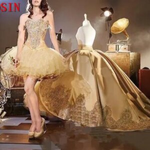 Customize Appliqued 2 Style Ball Gown Tulle Mesh Cocktail Dress With Detachable Train Sweetheart Quinceanera Gown Party Dress