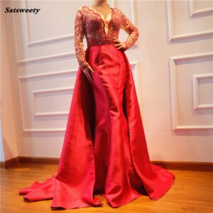 Red Long Sleeves Mermaid Satin Prom Dresses Pearls Beading Deep-V Sexy Fashion Evening Gowns