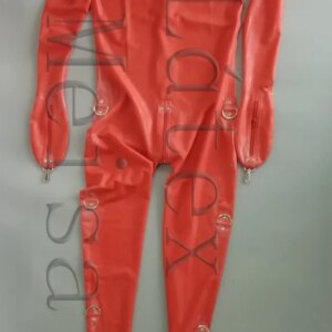 Women’s Zentai latex catsuit attached back zip to abdomen and including D-ring buckles,gloves and socks in red color