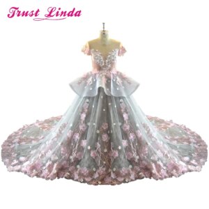 Customized Evening Dress Short Sleeves Pink Flowers Glamorous See-through Long Dress for Wedding Party