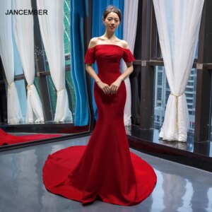 J66637 jancember mermaid evening dress off shoulder short sleeves lace up back red bride wedding court train formal dresses 2019