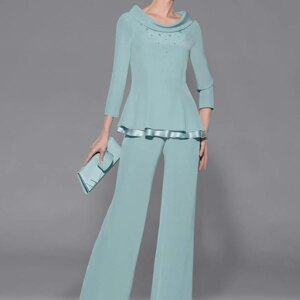 Mother Of Bride Dresses Pant Suits Customized Scoop 2 Pieces Long Sleeve Vintage Chiffon Formal Wear Wedding Party Guest Dress