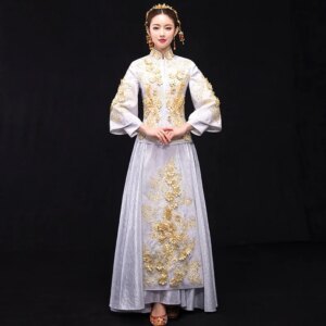 Beige White Chinese Slim Traditional Dress Wedding gown Female Long Sleeve Cheongsam Qipao for Overseas Chinese Wedding Party