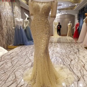 Custom Made 100% Real Photo Mermaid Half Sleeve Goled Tulle Sequins Beaded Sequins Crystal Sexy Luxury Evening Dresses BY25M