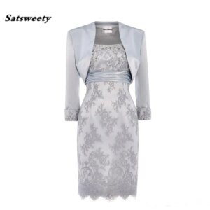 Silver Lace Mother Of The Bride Dresses Scoop Sequins Beaded Satin Knee Length Mother Bride Dresses With Jacket Short Dresses