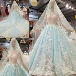 Sky Blue Ball Gown Long Sleeve Big Train Lace Flowers Pearls Beading Luxury Evening Dresses 2021 Prom Party Dress Gowns EV166