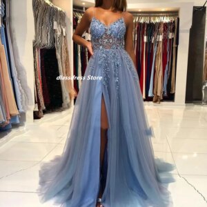 Sky Blue Luxury V Neck A Line Prom Dress Tulle Backless Beaded Robes De Cocktail Evening Gowns High Split Skirt Formal Dresses
