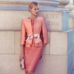 Customized New Coral Lace Mother of the Bride Gown with Jacket Knee Length Bodycon Wedding Guest Jewel Neck Evening Gown