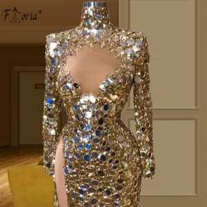 Vestidos De Noche Arabic Gold Crystals Evening Dresses 2023 Sparkly Dubai Long Sleeve Prom Gown Celebrity Party Dress Gorgeous