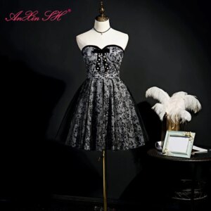 AnXin SH princess black flower strapless sleeveless beading crystal bow lace up customized evening dress little black dress