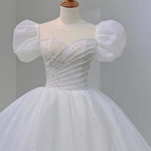 Luxury White Sequined Ball Gown Wedding Dress With Pearls Beaded Puff Sleeves Bow Back Long Princess Bridal Dress Customized