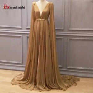 Elegant Chiffon Evening Dress for Women 2025 Long Cape Sleeves Aline Gold O Neck Wedding Prom Formal Party Gown Customized