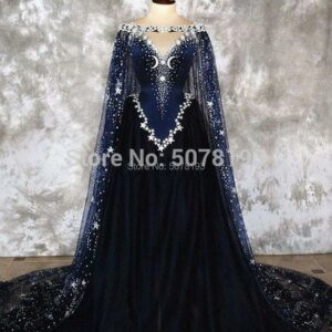 2019 V-Neck Off-The-Shoulder Sleeveless A-Line Floor-Length Tulle Coming-Of-Age Ceremony Dress Stars&Beading&Cloak