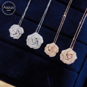 Aazuo 18K White Gold Rose Gold Real Diamonds Rose Flower Pendent With Chain Necklace gifted for Women Engagement Wedding Party