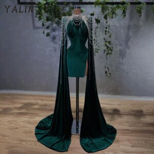 Customized Velvet Luxury Prom Dresses High Neck With Wrap Crystals Short Mini Length Women Dark Green Evening vestidos de fiest