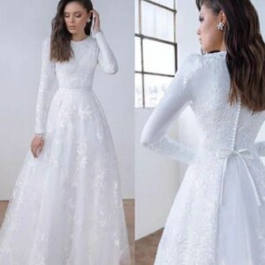 Long Sleeves Lace Modest Wedding Dresses Jewel Neck Sweep Train Simple Vintage Lace muslim country Bridal Gowns cusotmsized