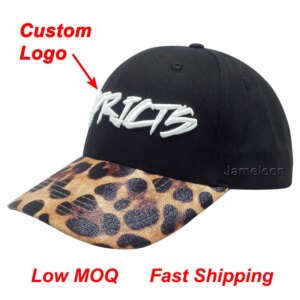 OEM DIY Text Logo Decorate Headwear Small MOQ PU Leather Leopard Grain Animal Pattern Football Tennis Hat Custom Baseball Cap