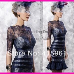 vestido de madrinha 2025 New Fashion Navy Blue half Sleeves Sheath Sheer Women Mother Of The Bride Lace Dress Above Knee length