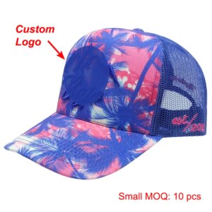 Custom Small MOQ 3D Full Printed Cap Traveler Ventilated Seaside Beach Vacation Journey Travel Coconut Tree Tennis Baseball Hat