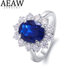 AEAW Genuine Woman Engagement Rings 8x10mm Lab Sapphire with Moissanite Jewelry Solid 14K White Gold Ring Classic Lady Jewelry