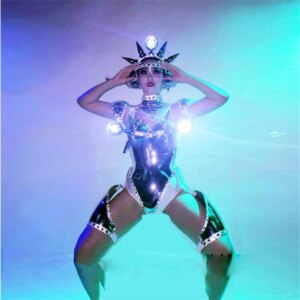 Women Robot Suit Night club bar Catwalk Shows Sexy Lady Evening Dress Silver Metal Costume Dance Team Outer Space LED Costume
