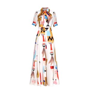 2023 catwalk cartoon print lace single-breasted shirt style waist jumpsuit large size wide leg pants