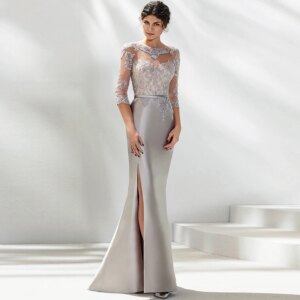Silver Gary Mother Of The Bride Dresses Mermaid Satin Jewel Neck 3/4 Sleeves Lace Applique Formal Wedding Party Evening Gowns