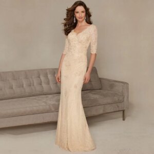 Champagne Mother Of The Bride Dresses Mermaid Half Sleeves Lace Beaded Plus Size Long Groom Mother Dresses Wedding Customized