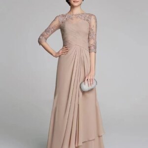 Charming Champagne Mother Of The Bride Dresses A-Line Ruched Chiffon Lace Applique 3/4 Sleeves Wedding Guest Prom Gown Plus Size