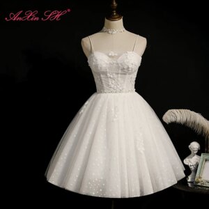 AnXin SH Luxury princess little flower lace spaghetti strap sleeveless a line short customized evening dress little white dress