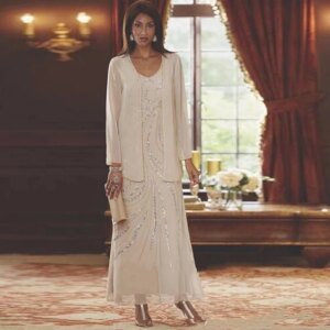 Champagne Mother of the Bride Dresses Wedding Evening Dress Suit 2 Pieces Beads Elegant Grey Chiffon Jacket Outfit Bride’s Guest